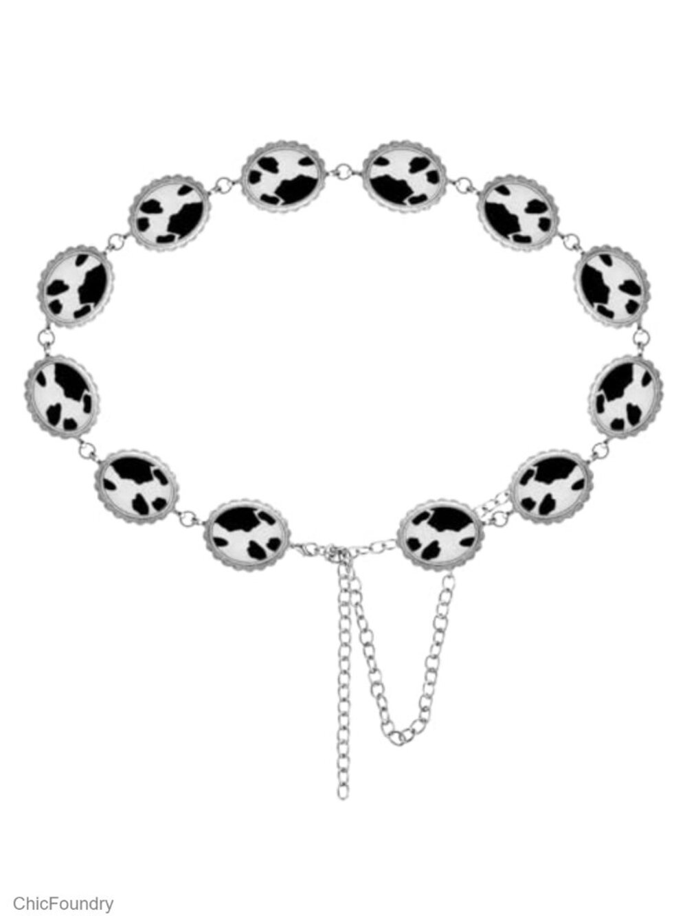 Western Cow Print Concho Chain Belt Adjustable Metal Buckle Leather